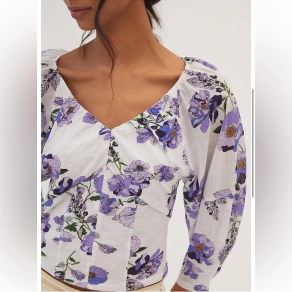 Anthropologie V-Neck Purple Floral 3/4 Puff Sleeve Blouse Top Size S NEW - Picture 2 of 11